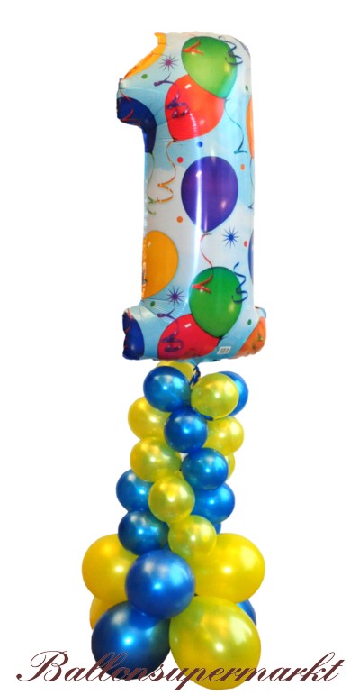 Dekoration aus Luftballons zum 1. Geburtstag, Zahl 1 mit Ballongas Helium und Luftballons aus Latex