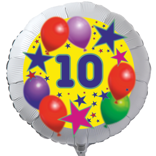 Luftballon zum 10. Geburtstag, Sterne und Luftballons, Rundballon in Weiß mit Ballongas Helium