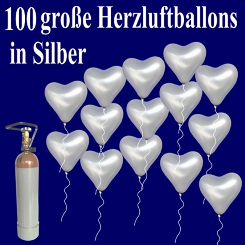 Große Silberne Herzluftballons mit Helium, Maxi Set, 100 Stück mit Ballongasflasche