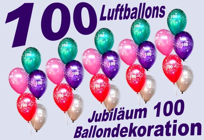 100 Luftballons, Zahl 100 zum 100. Jubiläum und Geburtstag mit Helium-Ballongas zur Ballondekoration