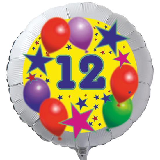 Luftballon zum 12. Geburtstag, Sterne und Luftballons, Rundballon in Weiß mit Ballongas Helium