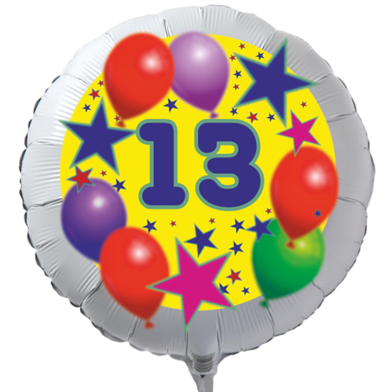 Luftballon zum 13. Geburtstag, Sterne und Luftballons, Rundballon in Weiß mit Ballongas Helium