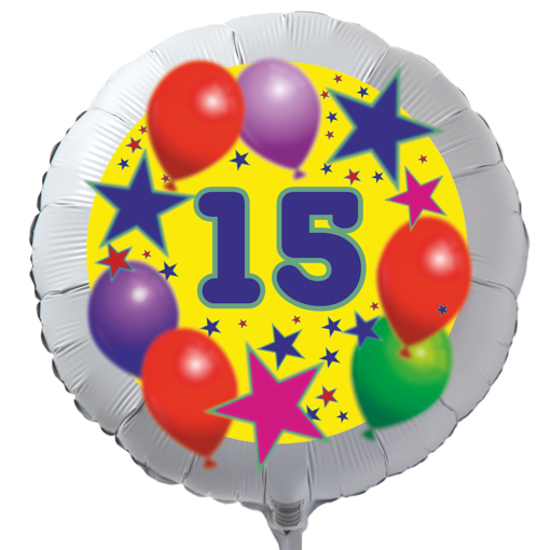 Luftballon zum 15. Geburtstag, Sterne und Luftballons, Rundballon in Weiß mit Ballongas Helium