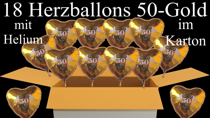18 goldene Herzballons 50 Gold mit Helium zum Versand im Karton, Dekoration und Gastgeschenke zur Goldenen Hochzeit
