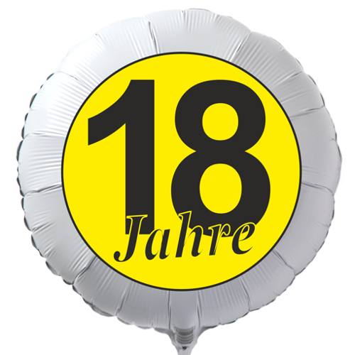 Luftballon zum 18. Geburtstag, 18 Jahre in Schwarz-Gelb, Rundballon in Weiß mit Ballongas Helium