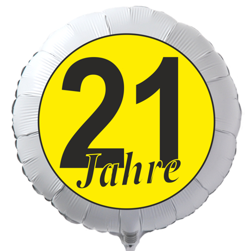 Luftballon zum 21. Geburtstag, 21 Jahre in Schwarz-Gelb, Rundballon in Weiß mit Ballongas Helium
