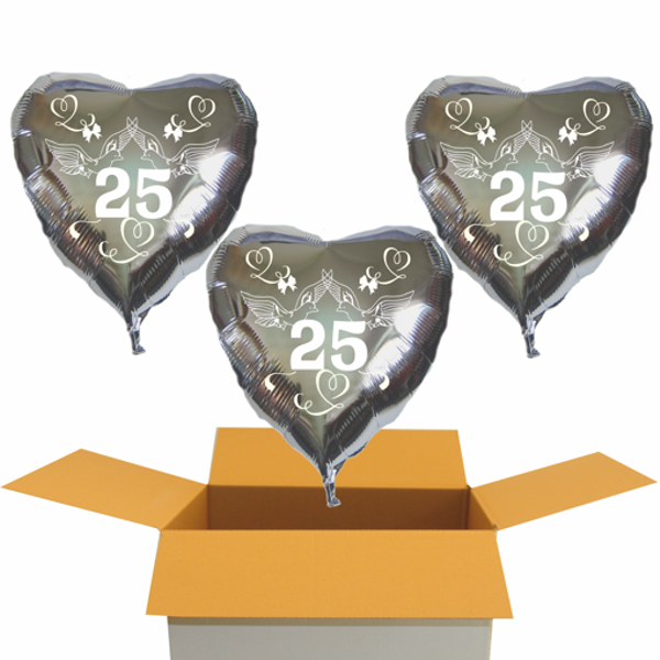 3-Herzluftballons-aus-Folie-zur-Silbernen-Hochzeit-mit-Helium-Ballongas-Tauben-Herzen-Schleifen