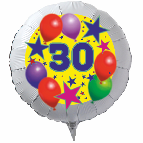 Luftballon zum 30. Geburtstag, Sterne und Luftballons, Rundballon in Weiß mit Ballongas Helium