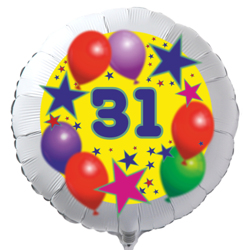 Luftballon zum 31. Geburtstag, Sterne und Luftballons, Rundballon in Weiß mit Ballongas Helium
