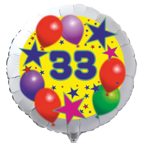 Luftballon zum 33. Geburtstag, Sterne und Luftballons, Rundballon in Weiß mit Ballongas Helium