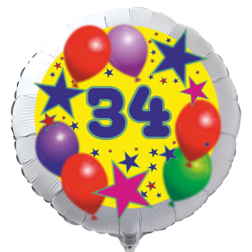 Luftballon zum 34. Geburtstag, Sterne und Luftballons, Rundballon in Weiß mit Ballongas Helium