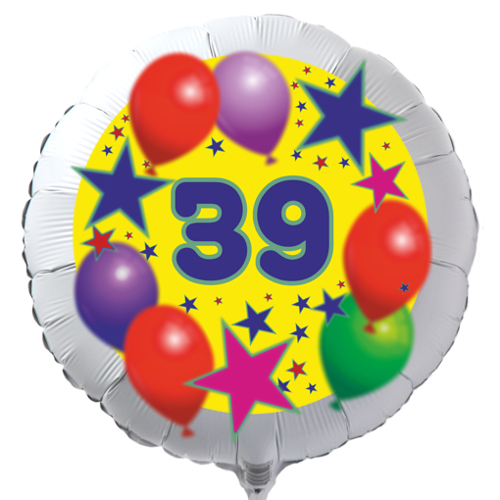 Luftballon zum 39. Geburtstag, Sterne und Luftballons, Rundballon in Weiß mit Ballongas Helium