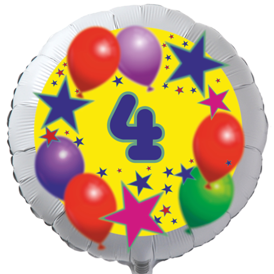 Luftballon zum 4. Geburtstag, Sterne und Luftballons, Rundballon in Weiß mit Ballongas Helium