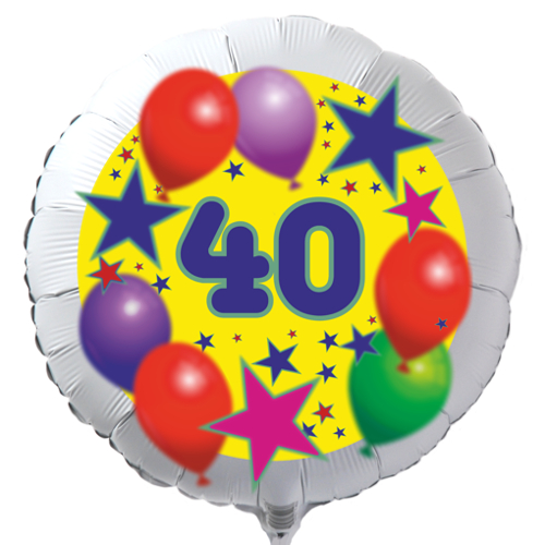 Luftballon zum 40. Geburtstag, Sterne und Luftballons, Rundballon in Weiß mit Ballongas Helium
