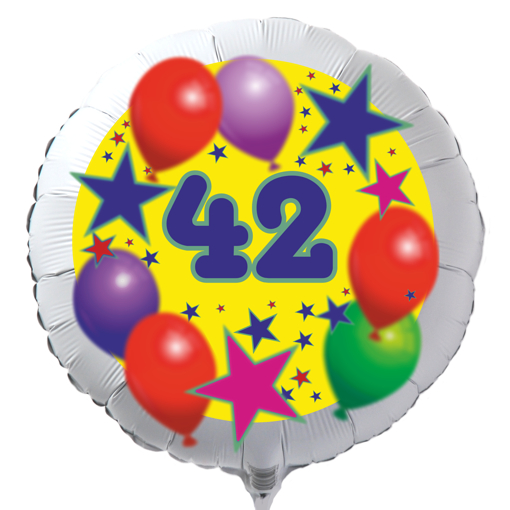 Luftballon zum 42. Geburtstag, Sterne und Luftballons, Rundballon in Weiß mit Ballongas Helium