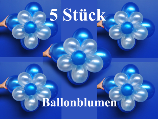 5 Blumen aus Luftballons, Blau-Weiß Metallic