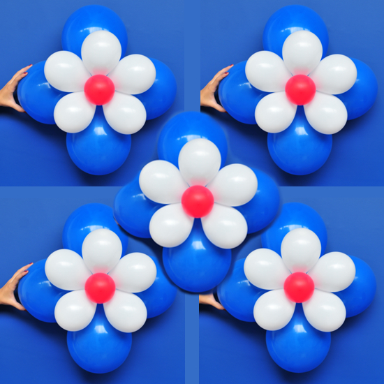 5 Blumen aus Luftballons, Blau, Weiß, Rot