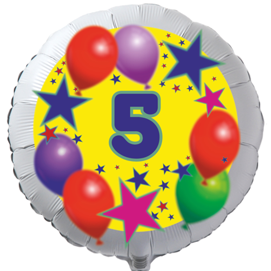 Luftballon zum 5. Geburtstag, Sterne und Luftballons, Rundballon in Weiß mit Ballongas Helium