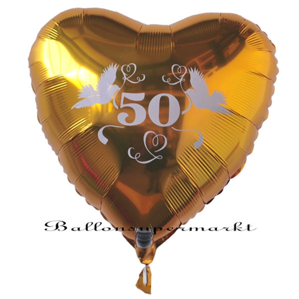 50 Gold, Herzballon aus Folie zur Goldenen Hochzeit mit Helium Ballongas
