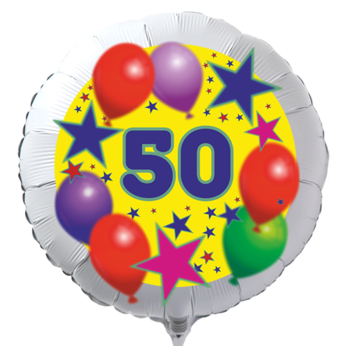 Luftballon zum 50. Geburtstag, Sterne und Luftballons, Rundballon in Weiß mit Ballongas Helium