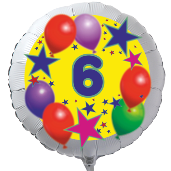 Luftballon zum 6. Geburtstag, Sterne und Luftballons, Rundballon in Weiß mit Ballongas Helium