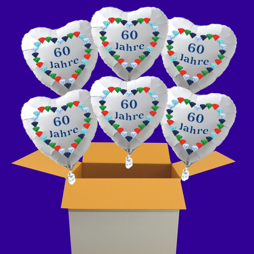 60-Jahre-Diamantene-Hochzeit-6-weisse-Herz-Luftballons-aus Folie-mit-Ballongas-Helium
