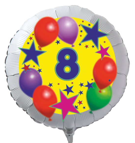 Luftballon zum 8. Geburtstag, Sterne und Luftballons, Rundballon in Weiß mit Ballongas Helium