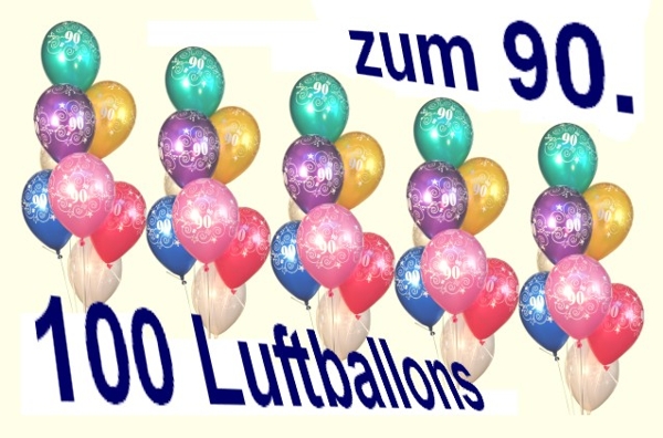 100 Luftballons, Zahl 90 zum 90. Jubiläum und Geburtstag mit Helium-Ballongas zur Ballondekoration