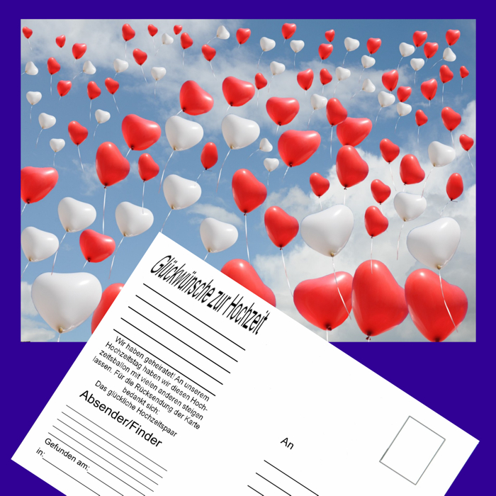 Ballonflugkarte-Hochzeit-Herzluftballons-steigen-zur-Hochzeit-auf-Postkarte-zum-Anhaengen-an-Luftballons