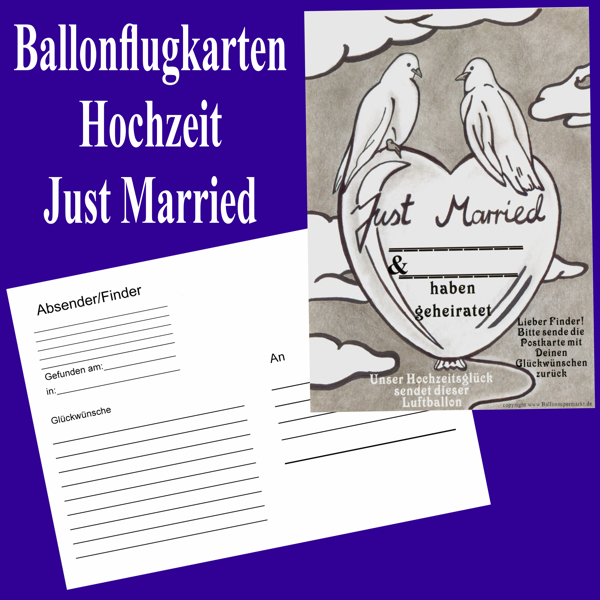 Ballonflugkarte-Hochzeit-Just-Married-Hochzeitstauben-Postkarte-zum-Anhaengen-an-Luftballons