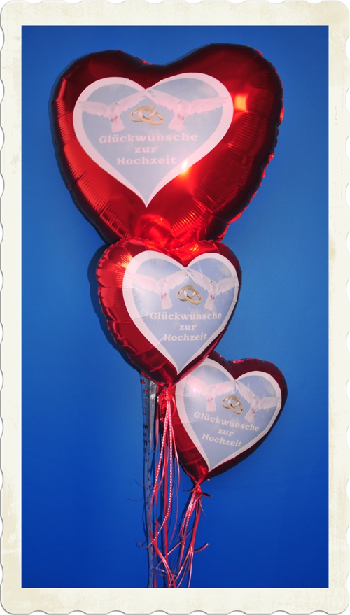 Luftballons mit Helium zur Hochzeit: Glückwünsche zur Hochzeit, 3 Luftballons aus Folie in Herzform, Bouquet mit Dekoration
