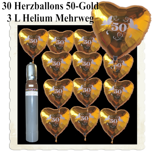 Dekoration-Goldene-Hochzeit-30-Herzballons-50-Gold-3-Liter-Ballongas-Helium-Mehrweg