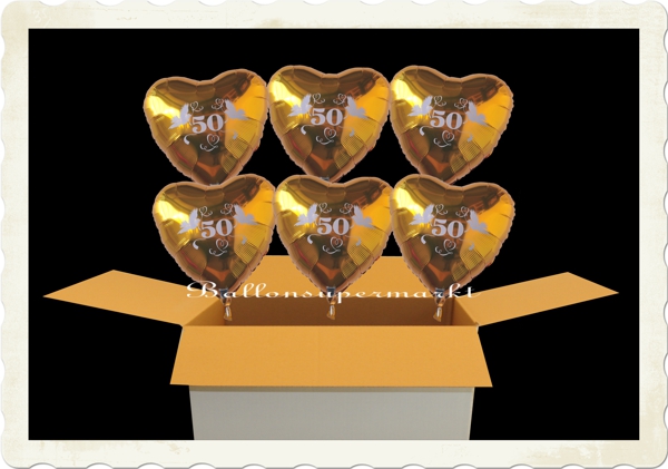 Dekoration-Goldene-Hochzeit-6-schwebende-Herzballons-50-Gold-mit-Ballongas-schwebend