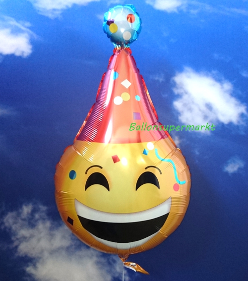 Folienballon-Emoticon-mit-Partyhut-Luftballon-Geschenk-Geburtstag-Smiley-Emoji-Gruss