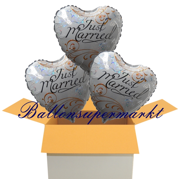 Folienballon-Just-Married-holografisch-zur-Hochzeit-Hochzeitsdekoration-Hochzeitsgeschenk-3er-Karton
