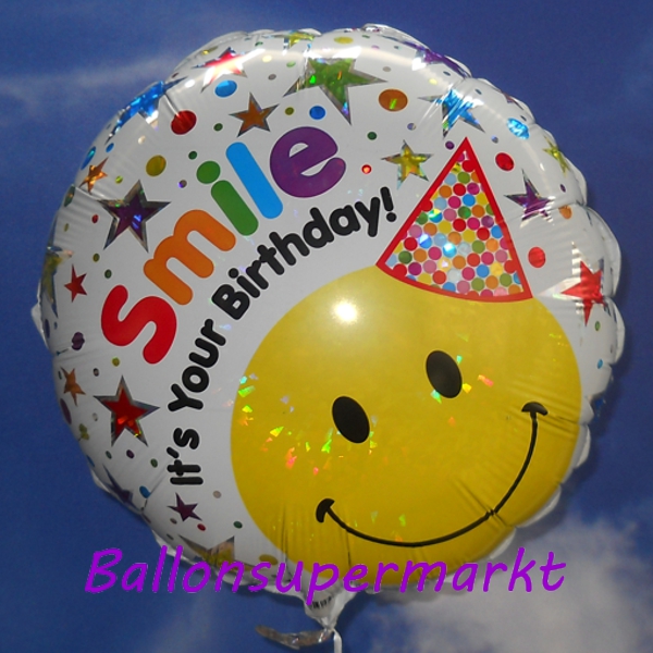 Folienballon-Smile-its-Your-Birthday-Smiley-mit-Hut-holografisch-Geburtstag-Luftballon
