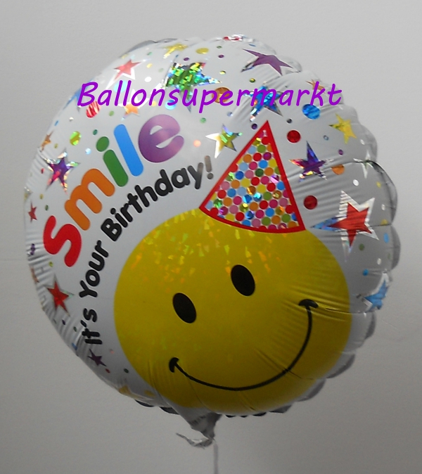 Folienballon-Smile-its-Your-Birthday-Smiley-mit-Hut-holografischer-Luftballon-zum-Geburtstag