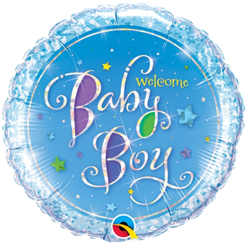 Folienballon-Welcome-Baby-Boy-rund-holografisch-Luftballon-zur-Geburt-Babyparty-Taufe-Junge