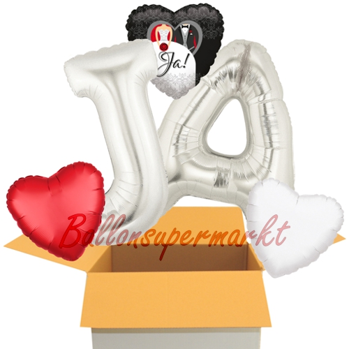 Folienballons-im-Karton-Ja-Silber-Buchstaben-J-A-Herz-Brautpaar-holografisch-Herzen-rot-weiss-Dekoration-Hochzeitsgeschenk