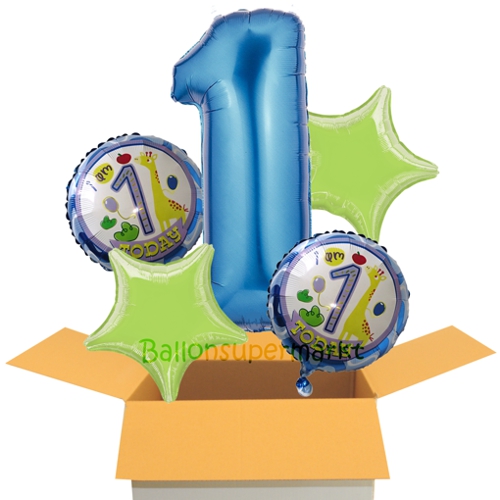 Folienballons-im-Karton-zum-1.-Geburtstag-Junge-Zahl-1-1st-Birthday-Giraffe-Sterne-Limonengruen