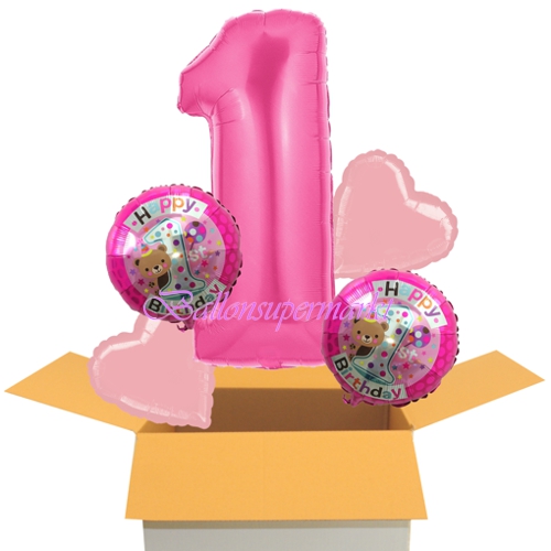 Folienballons-im-Karton-zum-1.-Geburtstag-Maedchen-Zahl-1-1st-Birtday-Baerchen-Herzen-rosa