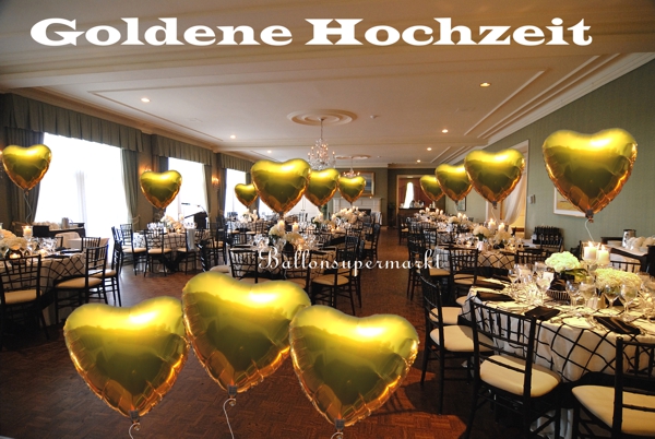 Dekoration Goldene Hochzeit: 45 cm Herzluftballons in Gold mit Ballongas Helium. Festsaal, Raumdekoration, Tischdekoration Goldhochzeit