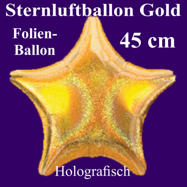 Holografischer Sternballon, 45 cm, Gold, aus Folie, mit Ballongas Helium
