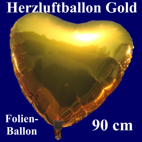 Goldener Jumbo Herzluftballon aus Folie mit Ballongas schwebend