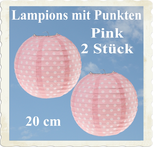 Pink farbige Lampions mit weißen Punkten, 2 Stück, 20 cm