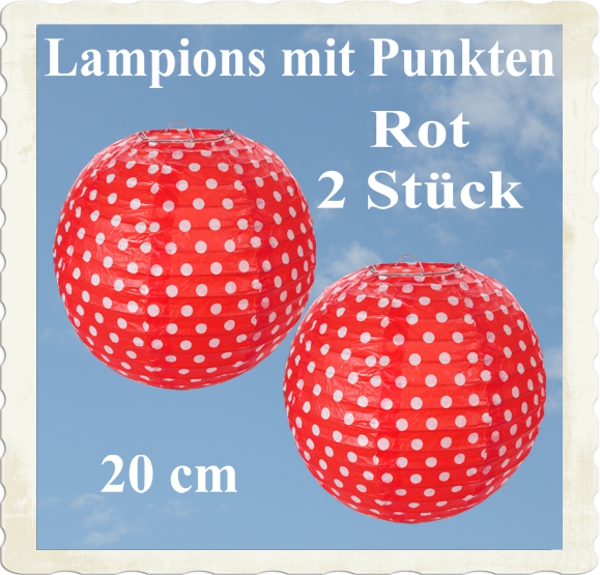 Rot farbige Lampions mit weißen Punkten, 2 Stück, 20 cm