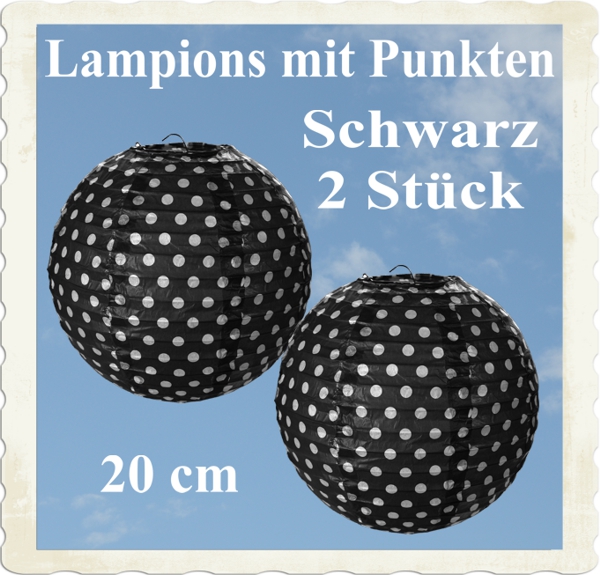 Schwarz farbige Lampions mit weißen Punkten, 2 Stück, 20 cm