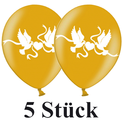 Luftballons-Latex-30-cm-Metallic-Gold-Hochzeitstauben-in-Weiss-5-Stueck-zur-goldenen-Hochzeit