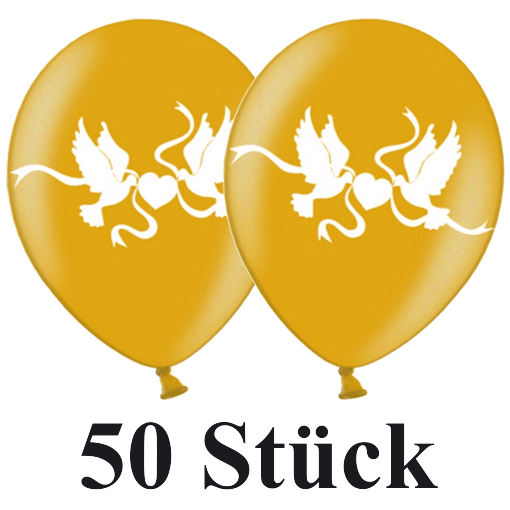 Luftballons-Latex-30-cm-Metallic-Gold-Hochzeitstauben-in-Weiss-50-Stueck-zur-goldenen-Hochzeit