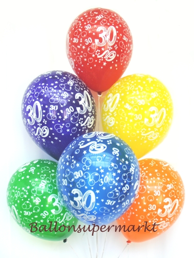 Luftballons mit der Zahl 30 zum 30. Geburtstag, Ballontraube mit Ballongas-Helium